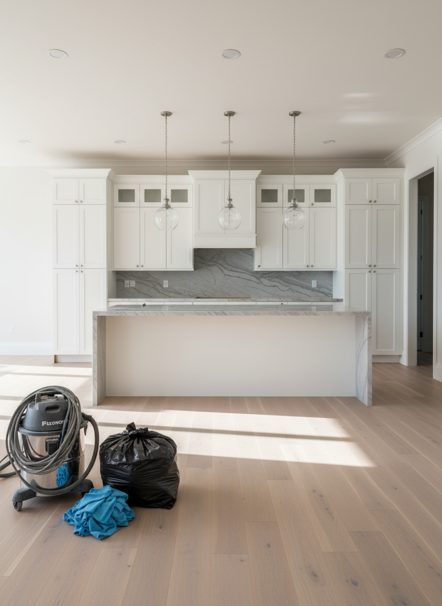 A construction site interior in its final stages, transformed by post-construction cleaning: freshly installed white cabinets without a speck of dust, clear glass pendant lights, and a large island with a perfectly polished stone surface. The floor, once covered in debris, is now spotless, with subtle reflections from overhead recessed lighting. In one corner, heavy-duty cleaning tools—an industrial vacuum, bundled contractor bags, and a stack of folded microfiber cloths—are neatly arranged, all free of grime, signaling the job’s completion. Photographic realism with a wide, eye-level composition captures both the cleaned finishes and the organized tools. The mood is efficient and professional, highlighting the transition from rough construction to a move-in-ready, dust-free environment.
