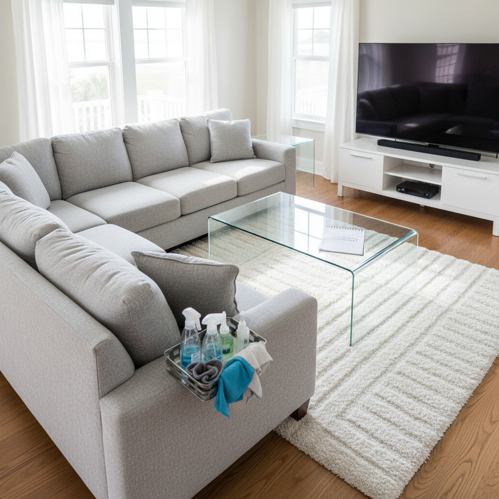 An elegant, freshly cleaned living room in a Baldwin County home, showcasing a light gray sectional sofa, a flawlessly vacuumed plush white rug with crisp lines, and a glass coffee table free of fingerprints and dust. Sunlight streams through wide coastal-style windows, illuminating subtly textured, streak-free hardwood floors and a tidy media console. On the table, a discreet cleaning checklist and a small caddy with neatly organized microfiber cloths and non-branded spray bottles hint at recent professional service. Photographic realism with a slightly elevated angle and balanced composition, capturing sharp detail throughout. The mood is welcoming, orderly, and professional, suggesting a high-end residential cleaning service that leaves every corner pristine and guest-ready.