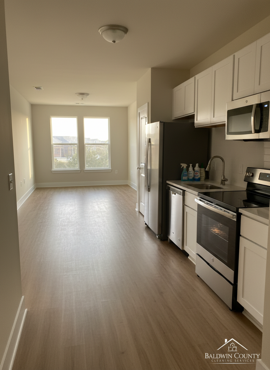 A meticulously cleaned, empty modern apartment ready for move-in, with freshly mopped luxury vinyl plank floors that reflect soft afternoon light, and baseboards that are bright white and dust-free. The kitchen shows spotless stainless-steel appliances, a perfectly polished sink, and an oven door with glass so clear it reveals pristine racks inside. Cabinet doors are aligned and free of smudges, and the counters are bare except for an organized set of labeled cleaning supplies placed neatly at one end. Photographic realism with a wide-angle lens from the entryway, emphasizing the open, echoing space. The atmosphere is crisp, hygienic, and professional, ideal for illustrating detailed move-in/move-out cleaning services in Baldwin County properties.