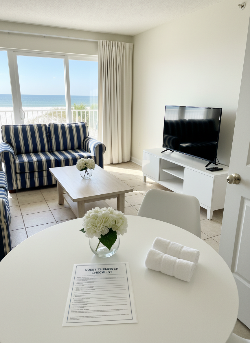 A bright, welcoming vacation rental living space on the Alabama Gulf Coast, looking freshly serviced for new guests. A navy-and-white striped sofa sits beside a spotless sliding glass door showing a hint of beach and blue sky. Surfaces, from the coastal wood coffee table to the white media console, are perfectly dust-free and arranged with minimal, neatly positioned decor. On the dining table, a laminated turnover checklist and a neat row of small, folded towels signal professional upkeep. Natural afternoon light fills the room, creating gentle highlights on sanitized doorknobs and perfectly aligned remote controls. Photographic realism with a slightly elevated angle and crisp focus throughout conveys reliability, consistency, and attention to detail in vacation rental cleaning.