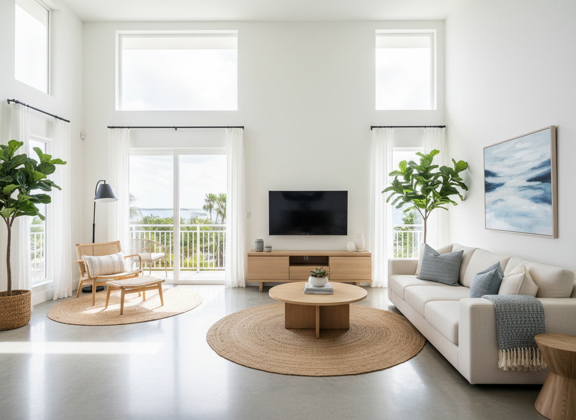A bright, modern vacation rental living room with clean floors, neatly arranged furniture, and plenty of natural light, emphasizing cleanliness and comfort for guests.