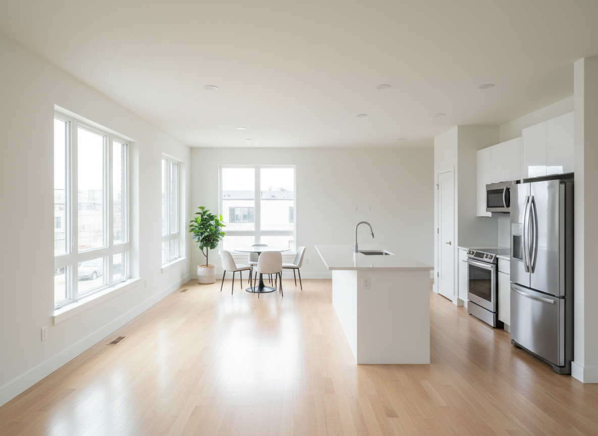 A construction site interior in its final stages, transformed by post-construction cleaning: freshly installed white cabinets without a speck of dust, clear glass pendant lights, and a large island with a perfectly polished stone surface. The floor, once covered in debris, is now spotless, with subtle reflections from overhead recessed lighting. In one corner, heavy-duty cleaning tools—an industrial vacuum, bundled contractor bags, and a stack of folded microfiber cloths—are neatly arranged, all free of grime, signaling the job’s completion. Photographic realism with a wide, eye-level composition captures both the cleaned finishes and the organized tools. The mood is efficient and professional, highlighting the transition from rough construction to a move-in-ready, dust-free environment.